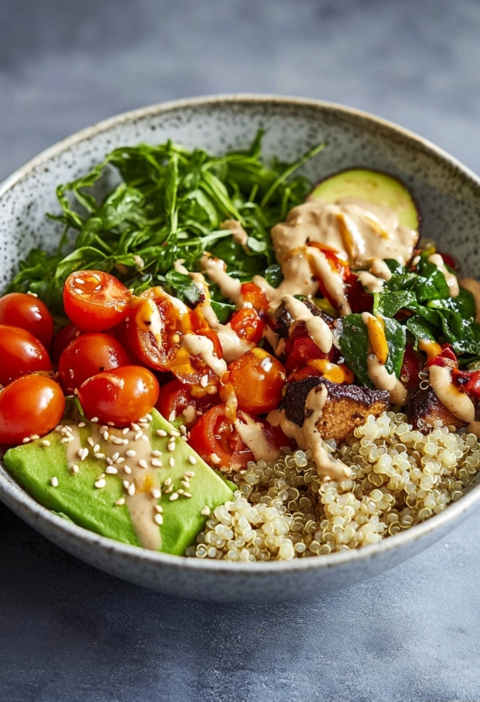 Gesunde Quinoa Bowl mit Avocado und Tahin