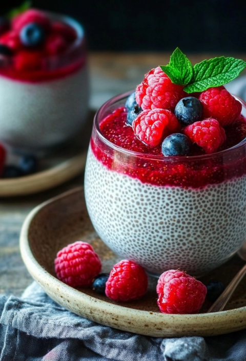Einfaches Chia Pudding mit Himbeeren für die Morgenroutine