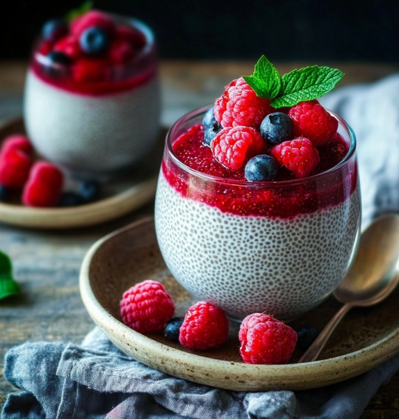 Einfaches Chia Pudding mit Himbeeren für die Morgenroutine